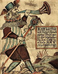 Manuscrit médiéval représentant un homme coiffé d’un haut-de-forme et armé d’une épée dans un article sur Heimdall.