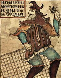 Dessin en gros plan d’un homme tenant une raquette de tennis, Loki, dieu vaurien de la mythologie nordique.