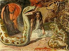 Peinture arafed d’une femme et d’un serpent dans une forêt, inspirée de la mythologie nordique.