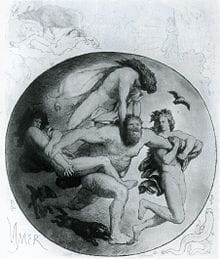 Dessin d’un homme et d’une femme en cercle, nordique mythologie folklore géants.