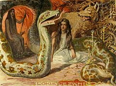 Peinture d’un serpent et d’une femme dans l’article ’Jörmungand & lormungand’, poème scaldique.