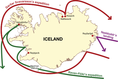 Carte de l’Islande avec les îles, mettant en évidence les découvertes de Flóki Vilgerðarson en matière de navigation