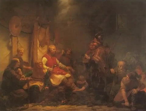 Peinture d’un groupe de personnes dans une zone boisée représentant la vie des Vikings, liée à Bjorn Ironside.