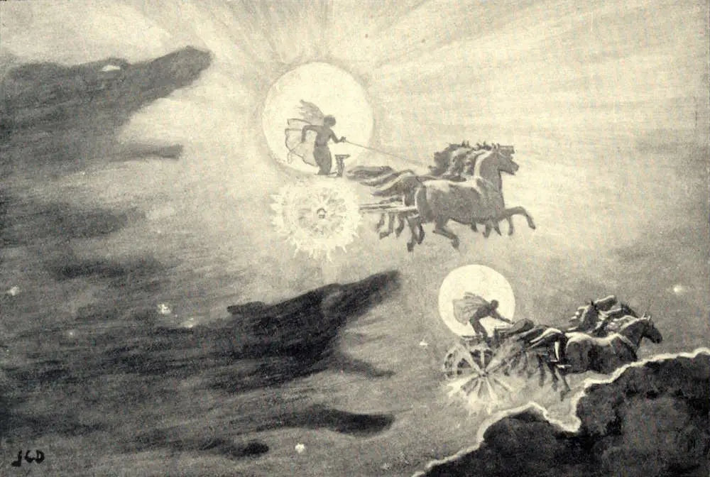 Scène mythologique de chariots tirés par des chevaux dans le ciel, représentant la mythologie nordique.