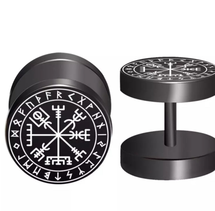 Boucles d’oreilles vegvisir runes - noir / acier inoxydable