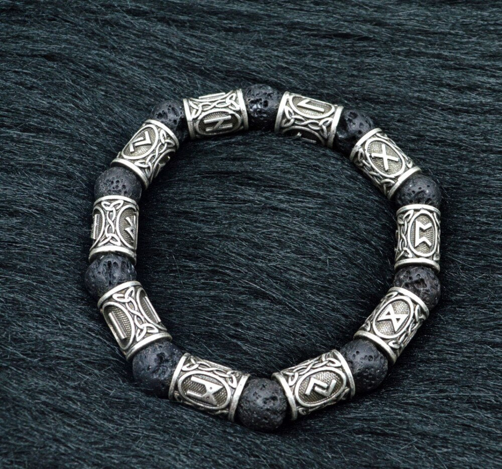 Bracelet viking - pierre de lave & runes - argent - noir