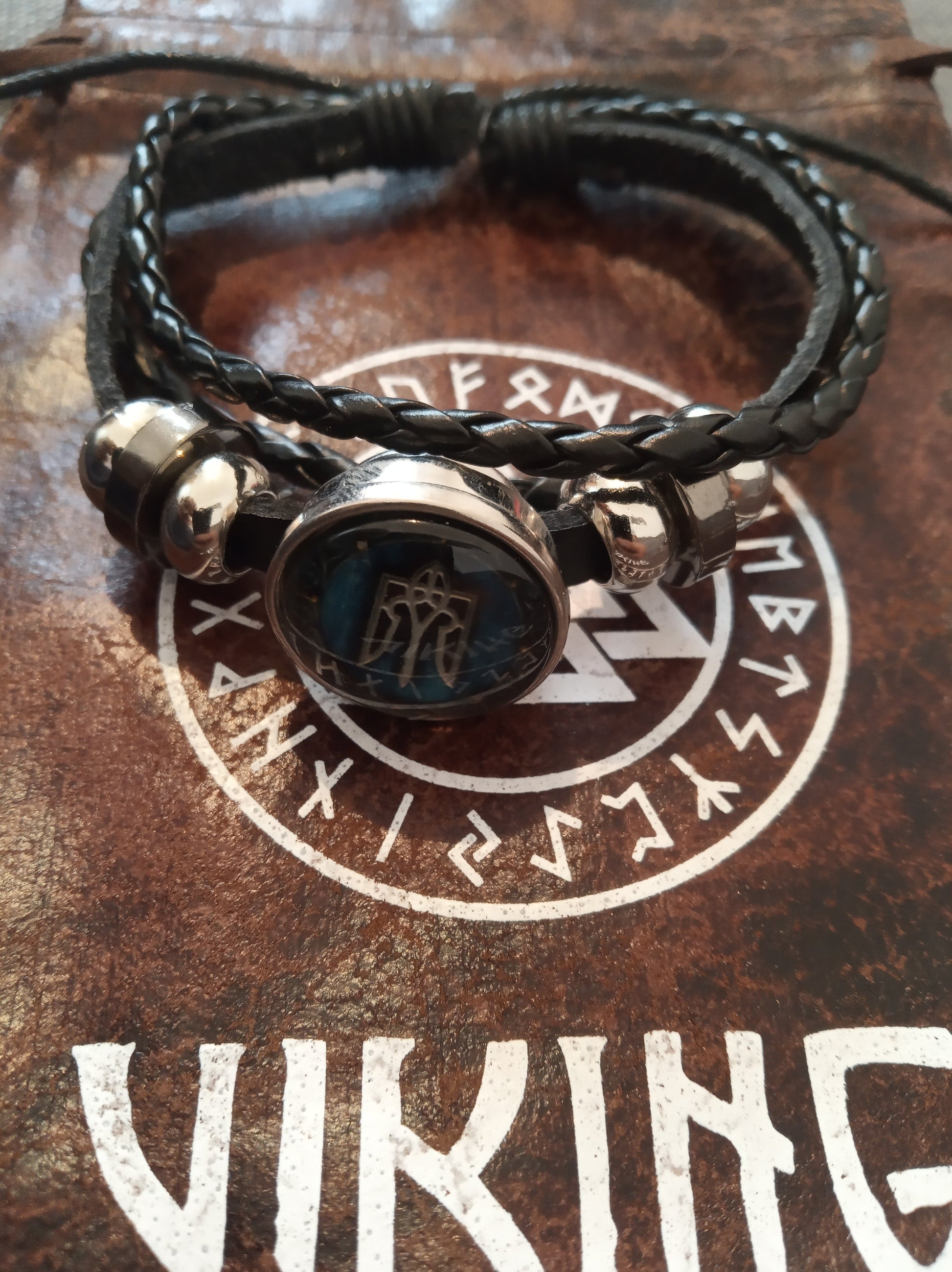 Bracelet viking - Trident - noir / cuir - plastique