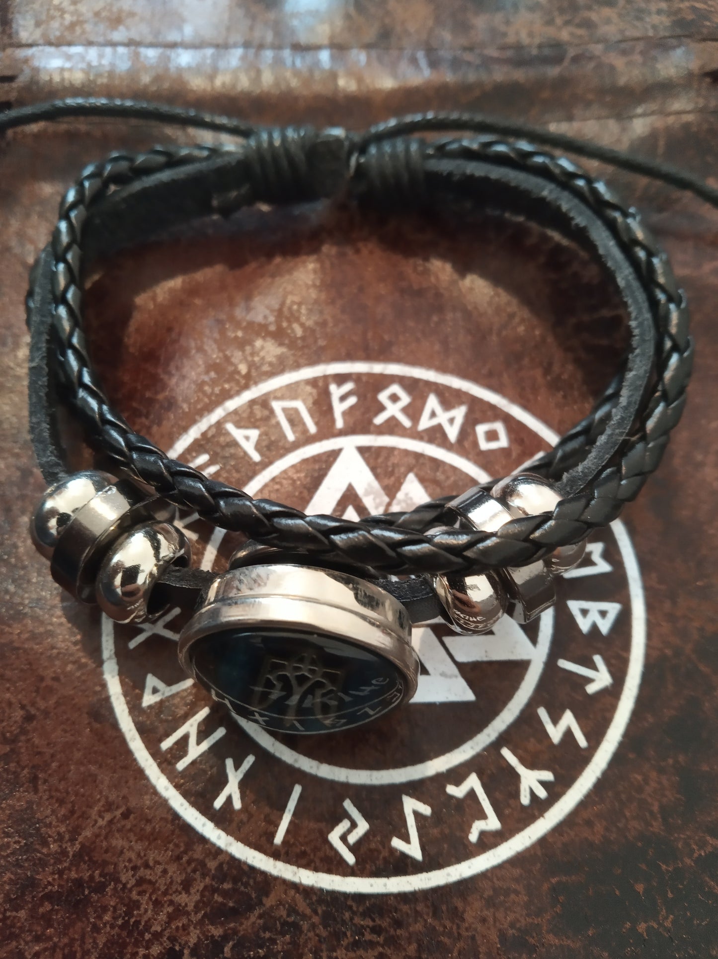 Bracelet viking - Trident - noir / cuir - plastique