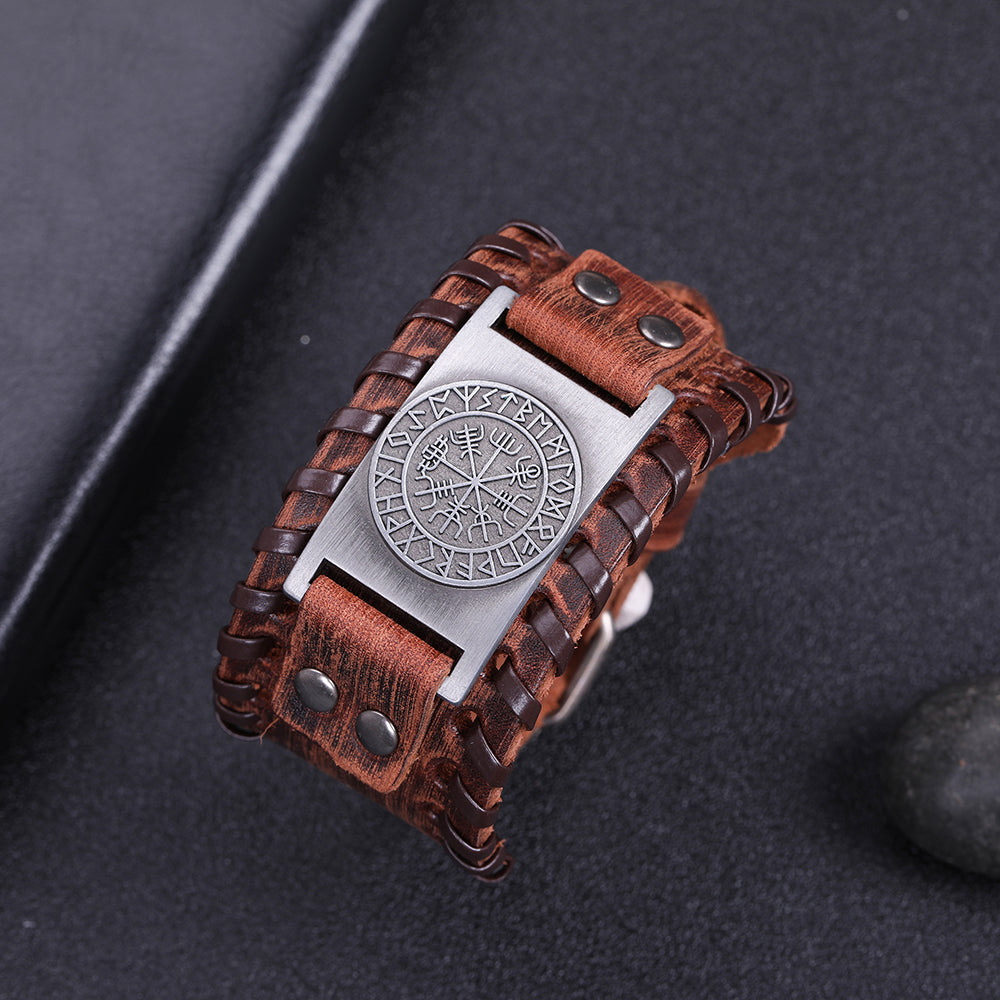 Bracelet Viking - vegvisir runes - Argent / cuir - 200000146