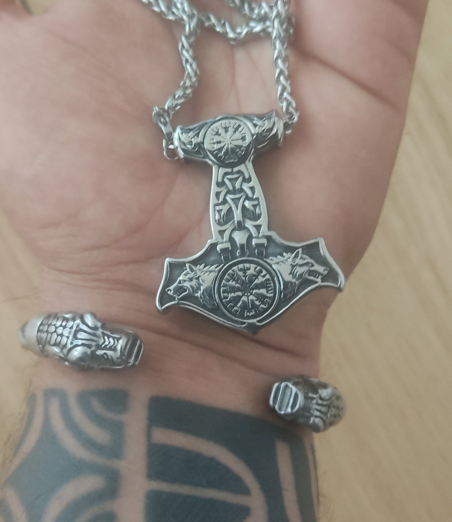 Collier viking - marteau de thor & wolf Vegvisir - argent