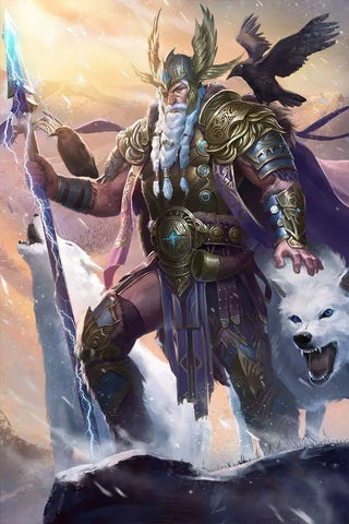 Un homme en armure tenant une épée sur un rocher à Valhalla, paradis des vikings et dieu Odin.