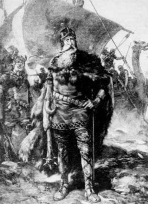 Peinture d’un homme en armure sur un cheval, possible représentation d’Ivar le Désossé, roi danois