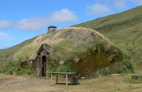 Petite maison viking à toit de chaume, reflétant l’architecture ancienne des forteresses.