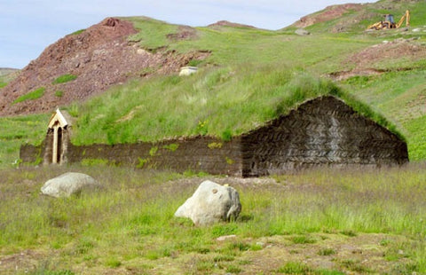 Un troupeau de moutons paissant près d’une maison viking forteresse en plein champ.