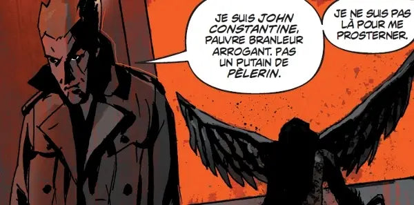 Comics Batman et Constantine: bande dessinée d’un homme avec un oiseau sur l’épaule.