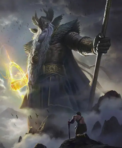 Homme en armure sur montagne, symbole du dieu Odin et paradis viking.